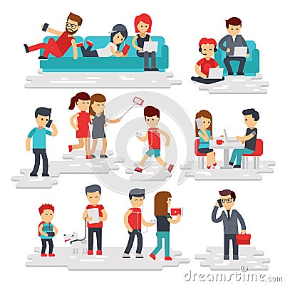 People with gadgets vector flat style isolated on white background. Men and women use phones, smartphones, tablets Vector Illustration