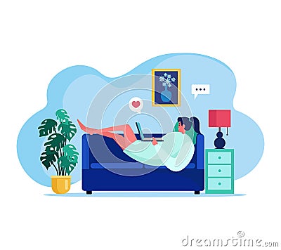 People with gadgets vector illustration, cartoon flat happy young woman character talking, liking internet blog content Cartoon Illustration