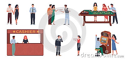 People are gambling. Casino players characters, different games, bingo, roulette and slot machine, cashier desk Vector Illustration