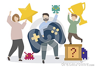 People with gaming icons illustration Vector Illustration