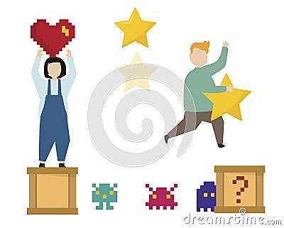 People with gaming icons illustration Vector Illustration