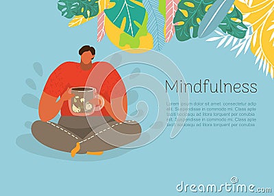 People and garden, concept, mindfulness inscription on banner, human health, yoga meditation nature, cartoon vector Vector Illustration