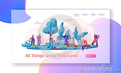 People Gardener Working in Garden Landing Page. Worker Planting and Watering Plants. Woman with Rake. Man Gardening Vector Illustration