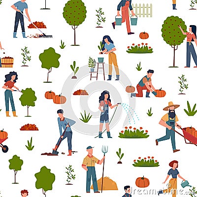 People gardening. Seamless pattern with farmers collecting seasonal ripe fruits and vegetables, harvesting using garden Vector Illustration