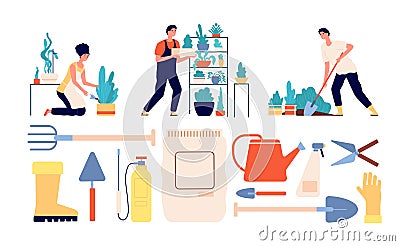 People gardening. Woman gardener, agriculture tools. Garden workers, harvesting and farming. Flat urban natural planting Vector Illustration