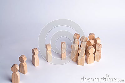 People gather in a crowd on a white background. The queue of people is drawn to the crowd. Herd feeling, political Stock Photo