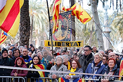 People gather outside Barcelona Catalan courtyard waiting thea arrival of President of Catalan Government Quim Torra wider Editorial Stock Photo