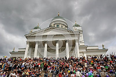 People are gathered on the steps of Helsinki Cathedral to wait for the Pride parade to start Editorial Stock Photo