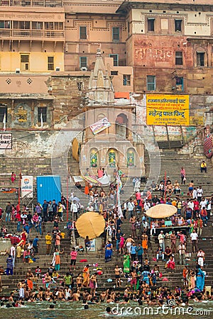 People gathered in the Ghats in Varanasi Editorial Stock Photo