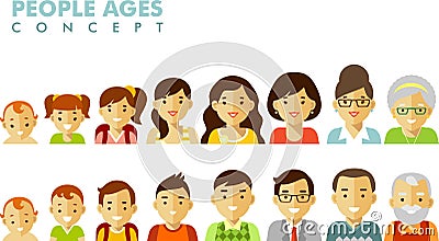 People generations avatars at different ages Vector Illustration