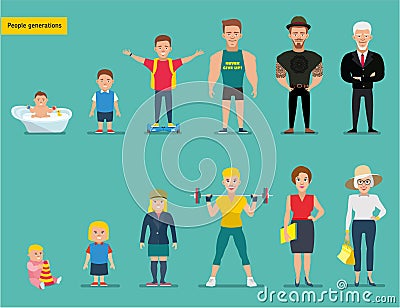 People generations at different ages. Flat cartoon illustration Vector Illustration