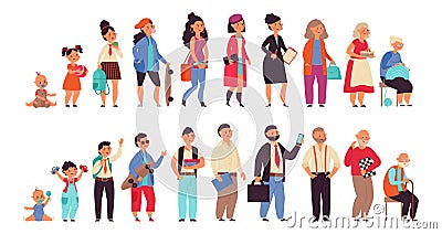 People generations. Human ages, boys girls women and men. Aging steps, life cycle progress from baby to senior person Vector Illustration
