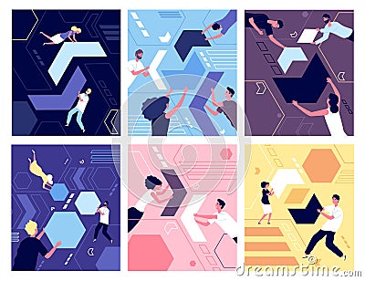 People and geometric shapes. Puzzle collection, organization or teamwork. Group of person collecting abstract chaos Vector Illustration