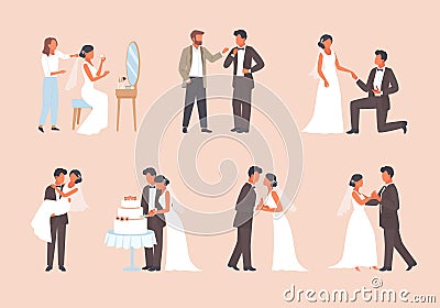 People get married set. Man in tuxedo and woman white dress cutting wedding cake romantic pair dance hall bride dresses Vector Illustration