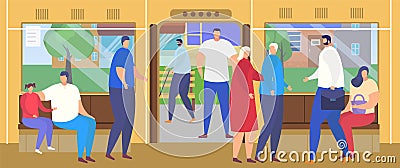 People get off at bus stop station platform vector illustration, cartoon flat passenger characters commute in busy Vector Illustration
