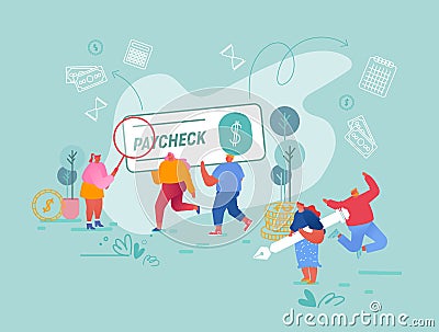 People Get and Signing Paycheck Concept. Male and Female Characters with Huge Feather Pen, Magnifying Glass and Cheque Vector Illustration