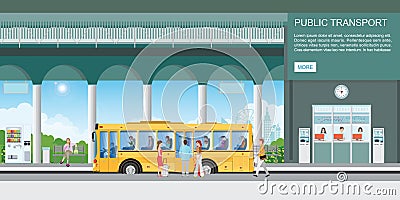 People getting on bus at bus terminal Vector Illustration