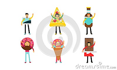 People In Giant Costumes Of Different Kinds Of Junk Food Set Of Vector Illustrations Vector Illustration