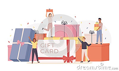 People with gift box. Giant gift boxes and group happy tiny men and women, gift card, discount coupon. Landing page template Vector Illustration