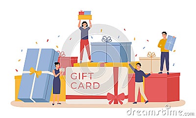 People with gift box. Giant gift boxes and group happy tiny men and women, gift card, discount coupon Vector Illustration