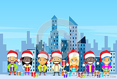 People Gift Box Present Shopping Winter City Vector Illustration