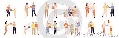 People with gifts. Various characters give and receive gift, romantic surprise, happy persons celebrating holidays, cartoon vector Vector Illustration