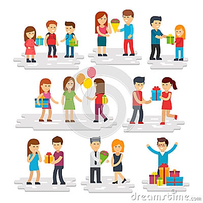 People give gifts, men and women do surprises, give gifts. Vector Illustration