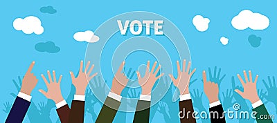 People give vote with raise his hand blue background Vector Illustration