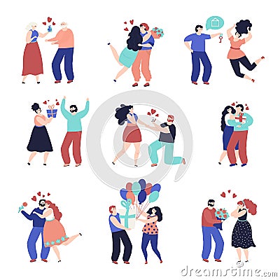 People giving gift. Holiday family gifts, happy festive couples with present box. Romantic adult hugging, birthday party Cartoon Illustration