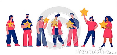 People giving review rating and feedback. Customer choice and employee feedback. Rank rating stars feedback. Business Vector Illustration