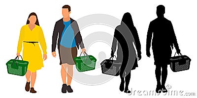 People go shopping with baskets in their hands. Sales discount promotion Vector Illustration