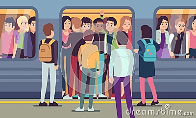 People go into subway train. Public urban transportation, metro platform, passengers trying to enter underground wagon Vector Illustration