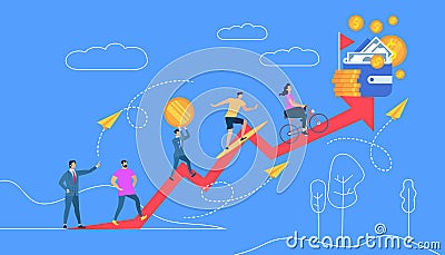 People Going Up to Money by Red Crooked Arrow Vector Illustration