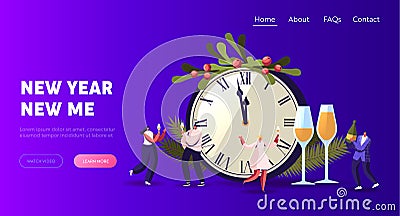 People Greeting, Dancing, Celebrate New Year Landing Page Template. Happy Characters Having Fun and Drinking Champagne Vector Illustration