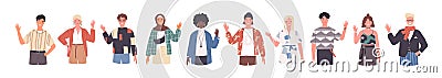 People greeting gesture flat vector illustrations set. Different nations representatives waving hand. Men, women in Vector Illustration