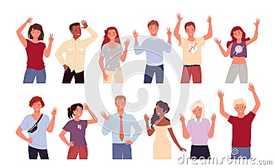 People greeting and waving hand set, diverse happy young man woman with welcome gesture Vector Illustration