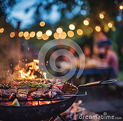 people grilling food at a barbaque among partying friends. Stock Photo