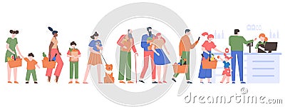 People grocery queue. Characters crowd waiting in cashier line, customers in supermarket, grocery store long queue Vector Illustration