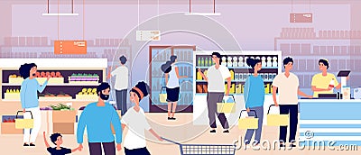 People in grocery store. Customers buying food in supermarket. Shopping customers choosing products. Consumerism vector Vector Illustration