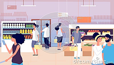 People in grocery store. Persons buy food, vegetables in supermarket. Shopping customers choosing products. Cartoon Vector Illustration
