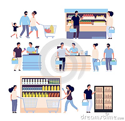 People in grocery store. Persons buying food in supermarket, shop customers woman, man with shopping cart. Isolated Vector Illustration
