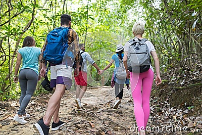 People Group With Backpacks Trekking On Forest Path Back Rear View, Young Men And Woman On Hike Stock Photo