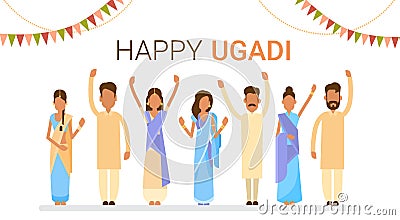 People Group Celebrate Happy Ugadi and Gudi Padwa Hindu New Year Greeting Card Holiday Vector Illustration