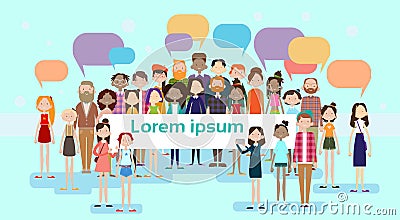 People Group Chat Bubble Communication Mix Race Crowd Social Network Vector Illustration