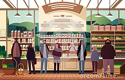people group choosing food groceries in modern supermarket men women buying products in grocery shop Vector Illustration