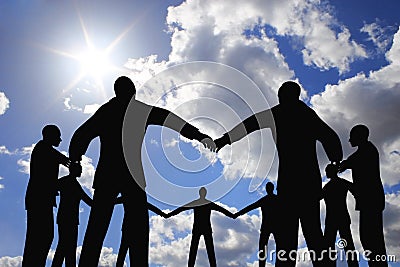 People group circle silhouette on sun sky collage Stock Photo