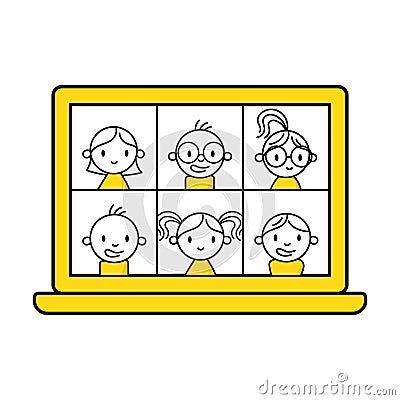 People group on computer screen taking with colleague. Videoconferencing and online meeting workspace concept. Vector Vector Illustration