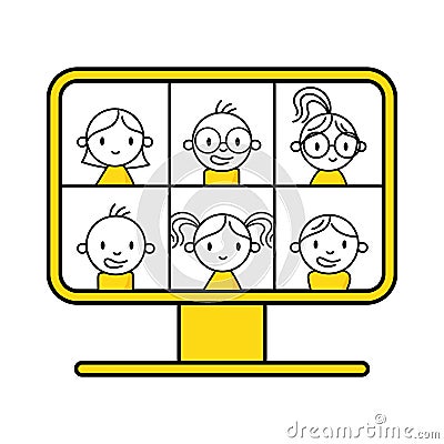 People group on computer screen taking with colleague. Videoconferencing and online meeting workspace concept. Vector Vector Illustration