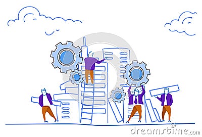 People group construction house skyscraper workers team building process cogwheel teamwork concept horizontal sketch Vector Illustration