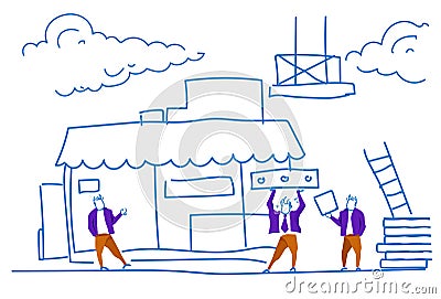 People group construction house workers team building process teamwork concept horizontal sketch doodle Vector Illustration